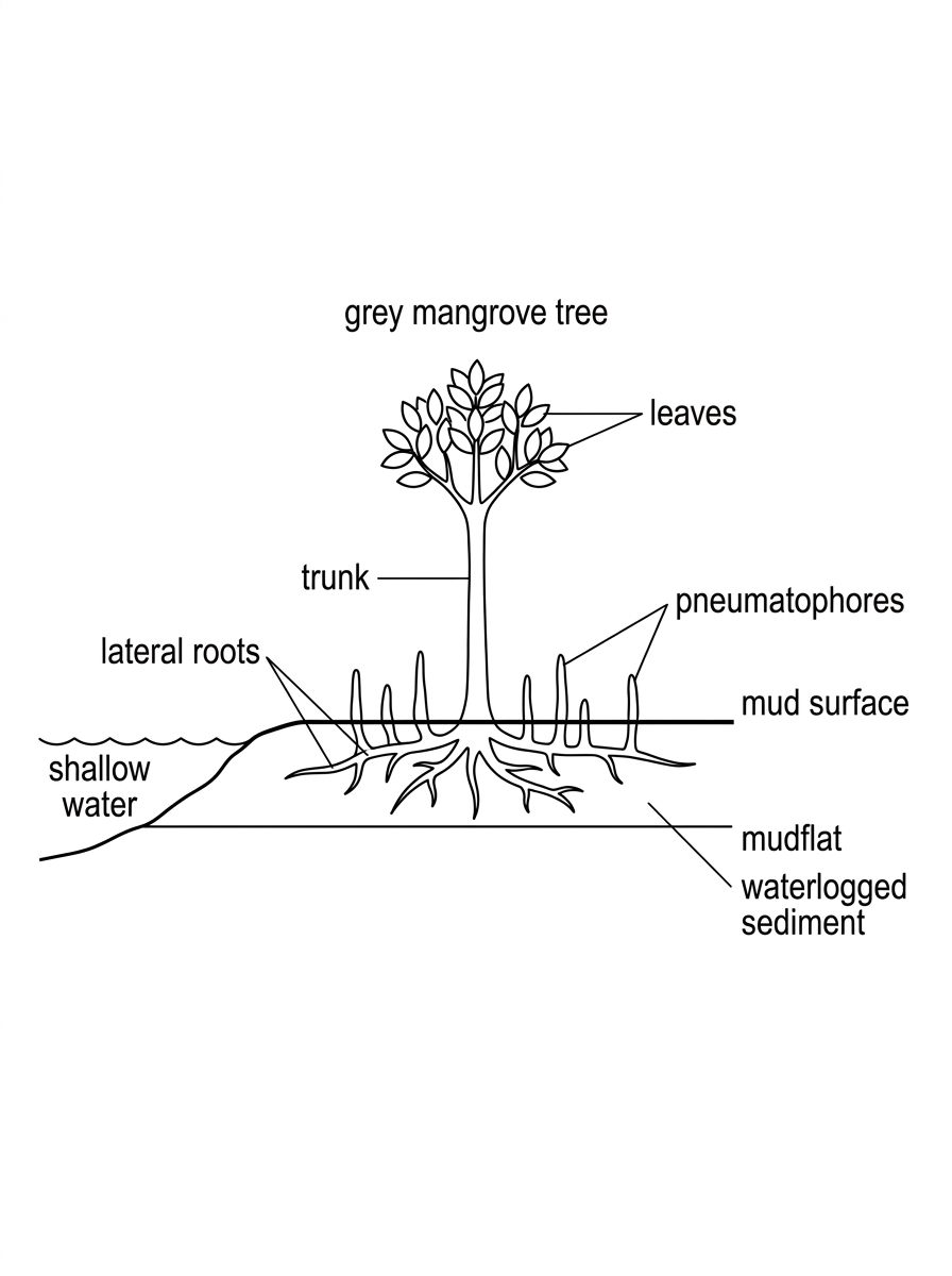 A labelled diagram of a grey mangrove tree at the edge of a tidal mudflat, showing vertical pneumatophores protruding above the mud, submerged waterlogged sediment, lateral roots, and leaves. Labels should identify structures only, not their functions.