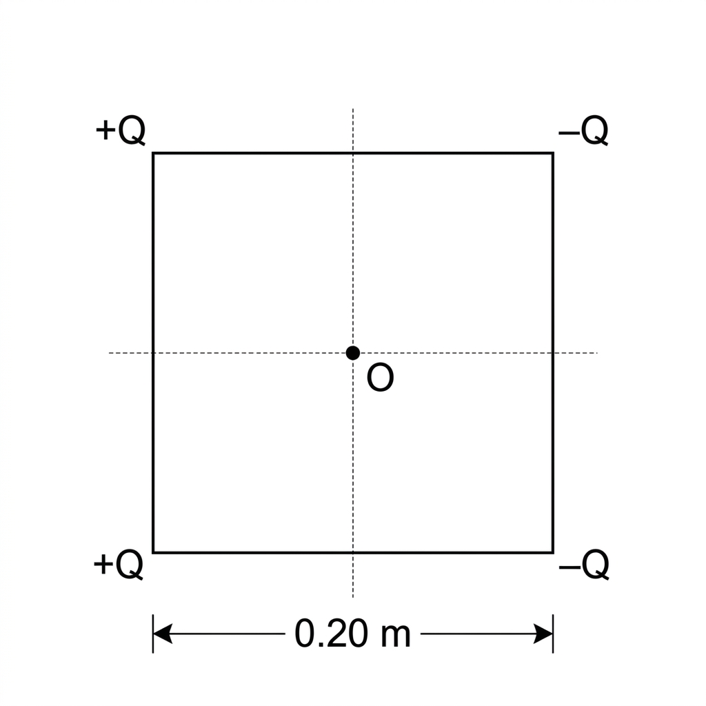 A square with side length labelled $0.20\ \text{m}$. The two left-hand corners are labelled $+Q$ and the two right-hand corners are labelled $-Q$. The centre of the square is marked O. A vertical line through O and a horizontal line through O are lightly shown as symmetry axes. No field arrows or equipotentials are drawn.