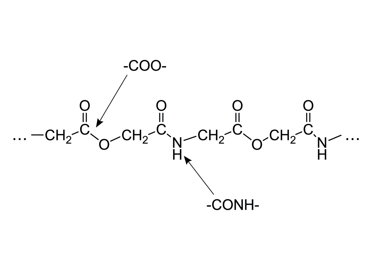 A displayed section of a linear polymer chain containing alternating hydrocarbon spacer groups joined by both ester linkages, labelled visually by $-COO-$ units, and amide linkages, labelled visually by $-CONH-$ units. Chain continuation is shown at both ends. The diagram should not label the hydrolysis products.