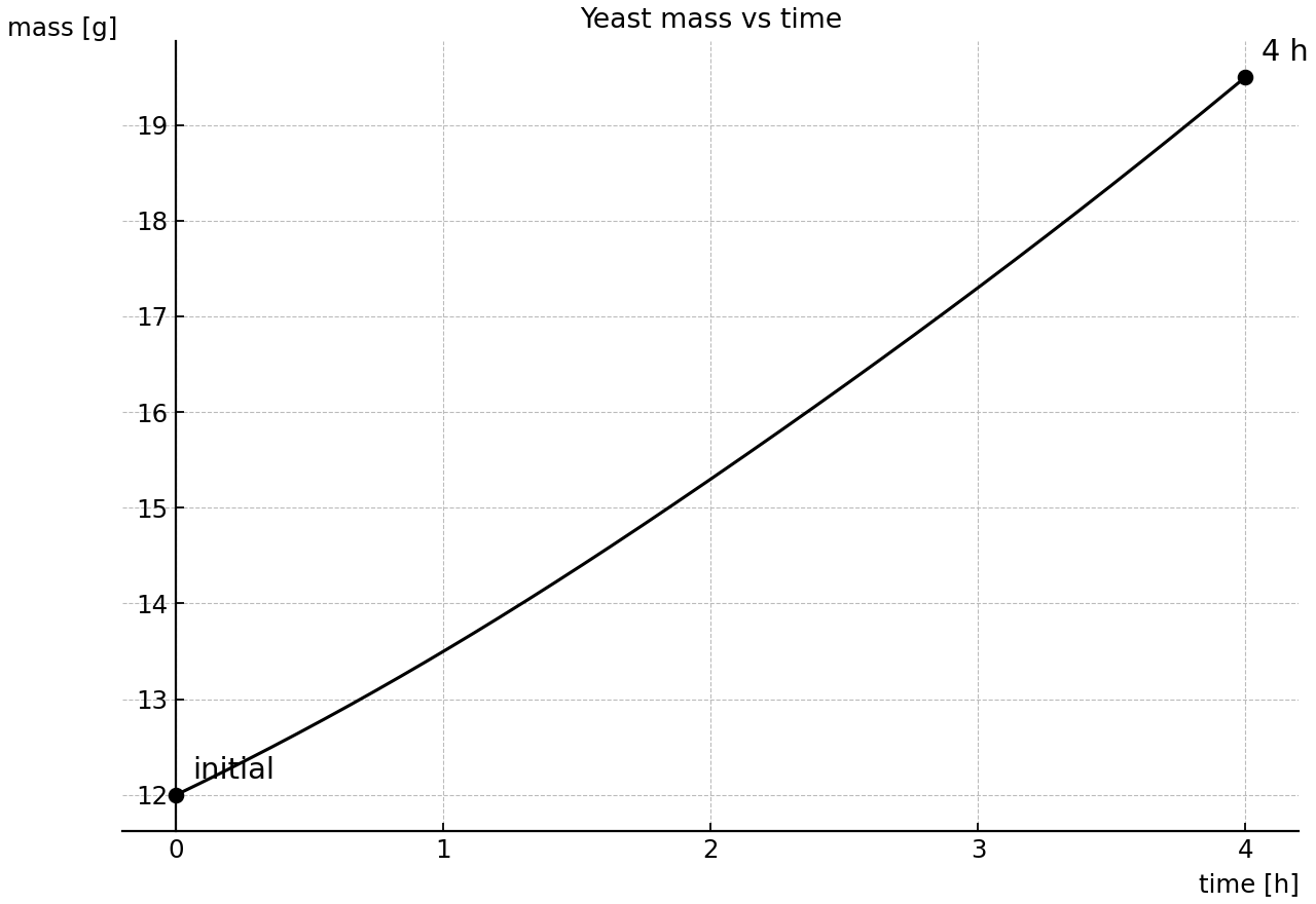 Yeast mass against time, with observed points at 0 h and 4 h.