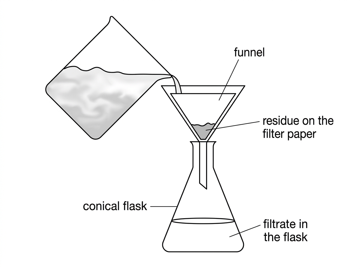 A simple laboratory filtration setup showing a beaker containing a cloudy mixture being poured through filter paper in a funnel into a conical flask. The precipitate is retained on the filter paper and the filtrate is collected below. Labels should identify residue, filtrate, funnel and conical flask; no masses or calculated values are shown. No additional prompt text is shown.