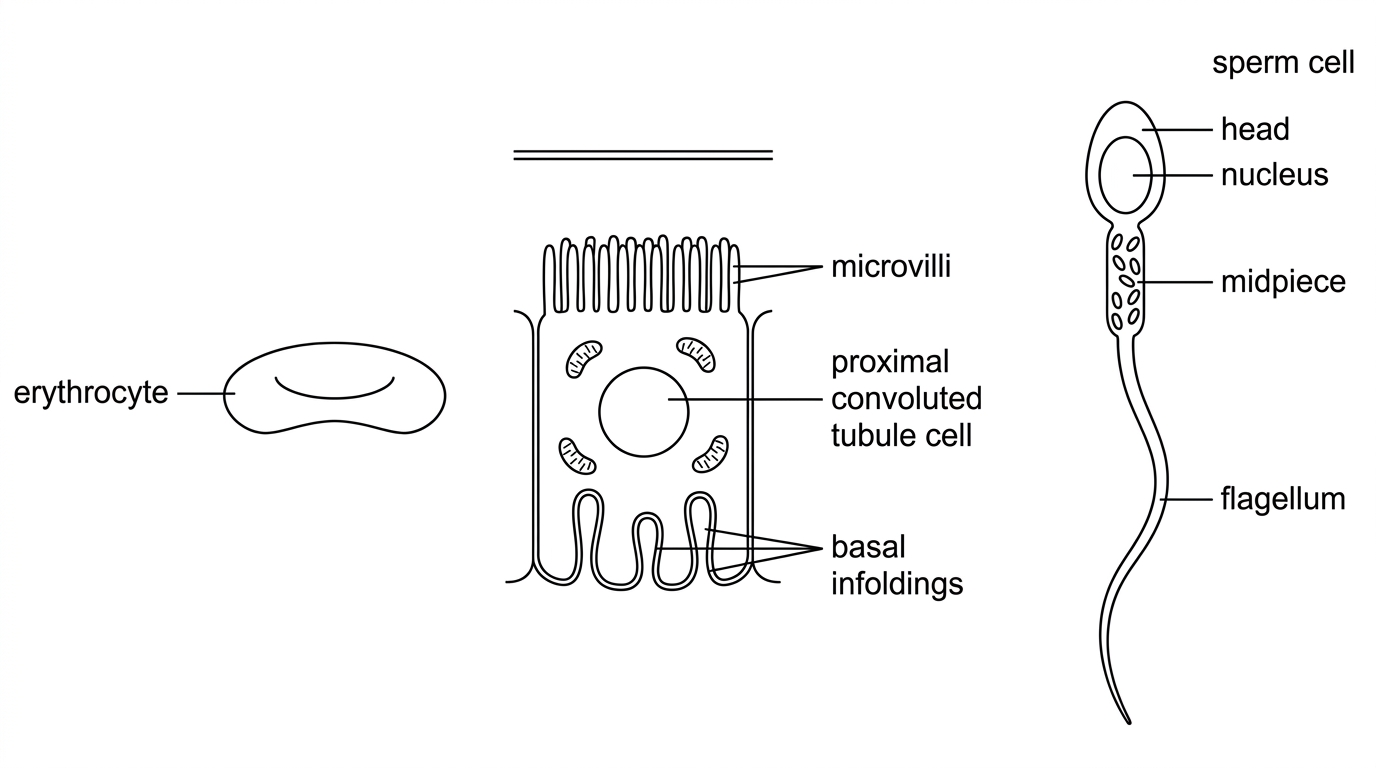 A composite figure with three labelled cells: an erythrocyte shown as flattened and biconcave; a proximal convoluted tubule cell with apical microvilli and basal infoldings; and a sperm cell with compact head, midpiece and flagellum. Labels should identify structures only.
