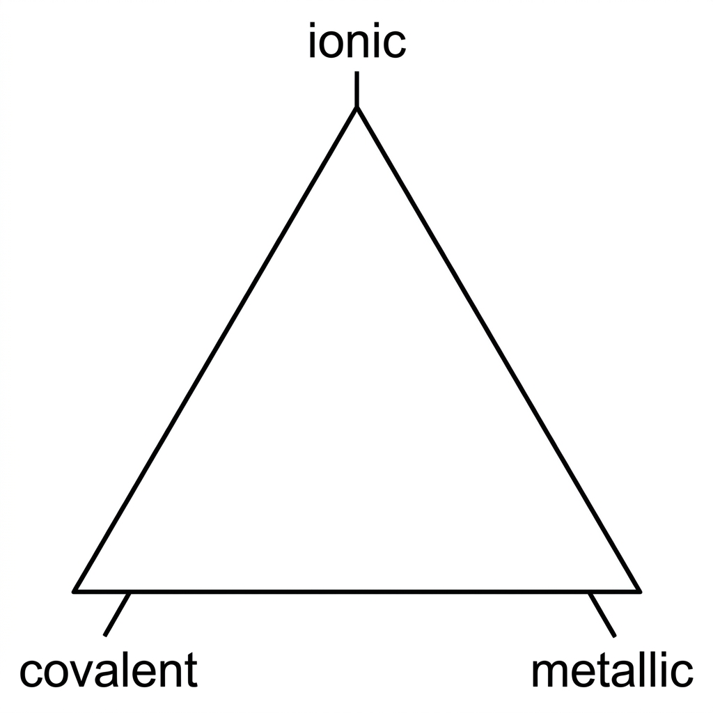 Simplified bonding triangle with corners labelled ionic, covalent and metallic; no positions plotted.