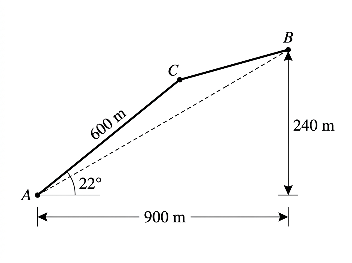 A vertical cross-section showing lower station A, intermediate station C and upper station B. Horizontal and vertical separations of A and B, the length AC and its angle of elevation are labelled.