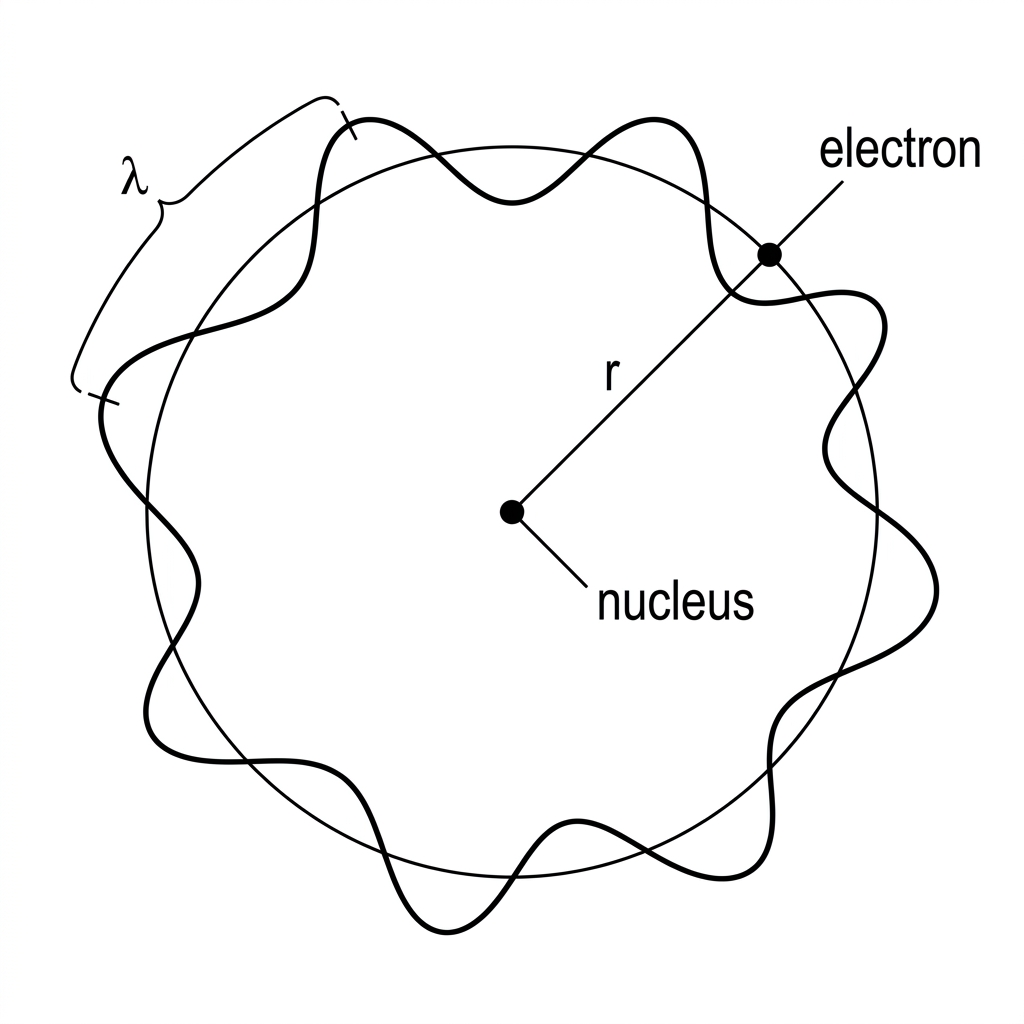 Circular orbit showing an electron wave fitting an integer number of wavelengths around the circumference, with radius r and de Broglie wavelength labelled.