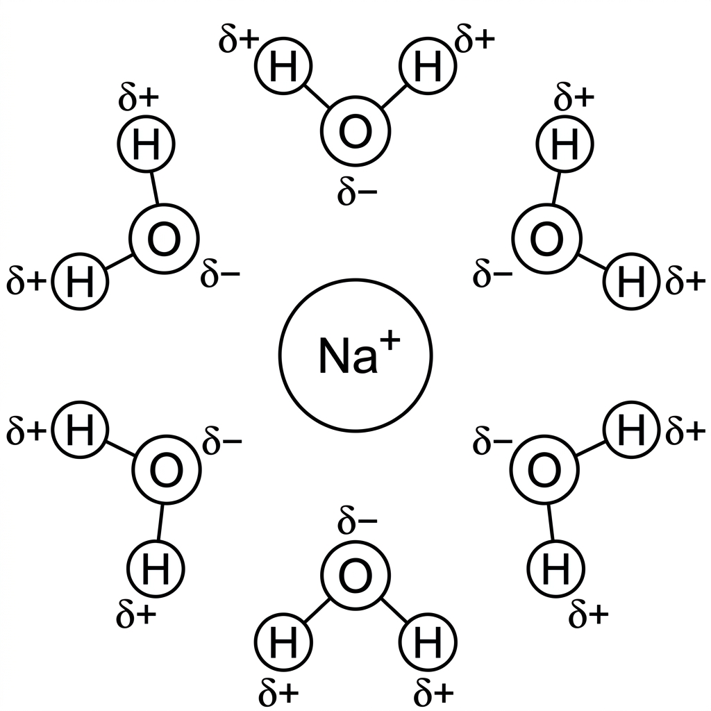 Diagram of a Na⁺ ion surrounded by several water molecules, with partial charges shown on O and H atoms but without indicating the requested orientation labels.