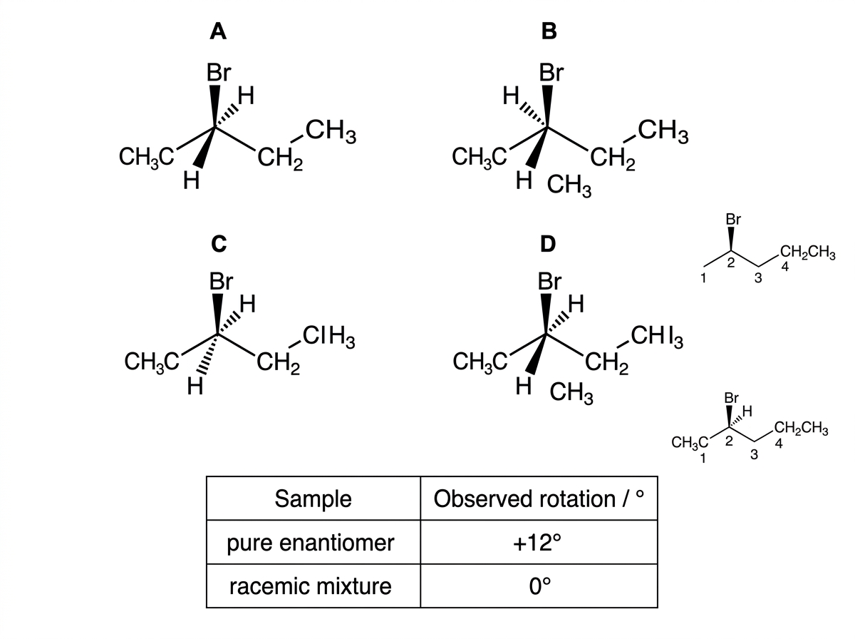Redraw the four wedge-dash structures so each valid 2-bromobutane stereoisomer shows a single tetrahedral stereocentre at carbon 2 with exactly four substituents: $Br$, $H$, $CH_3$ and $CH_2CH_3$. Include one pair of non-superimposable mirror images and one duplicate orientation. Include a small polarimetry table comparing a pure enantiomer sample with a racemic mixture, without revealing the labels of the enantiomeric pair.