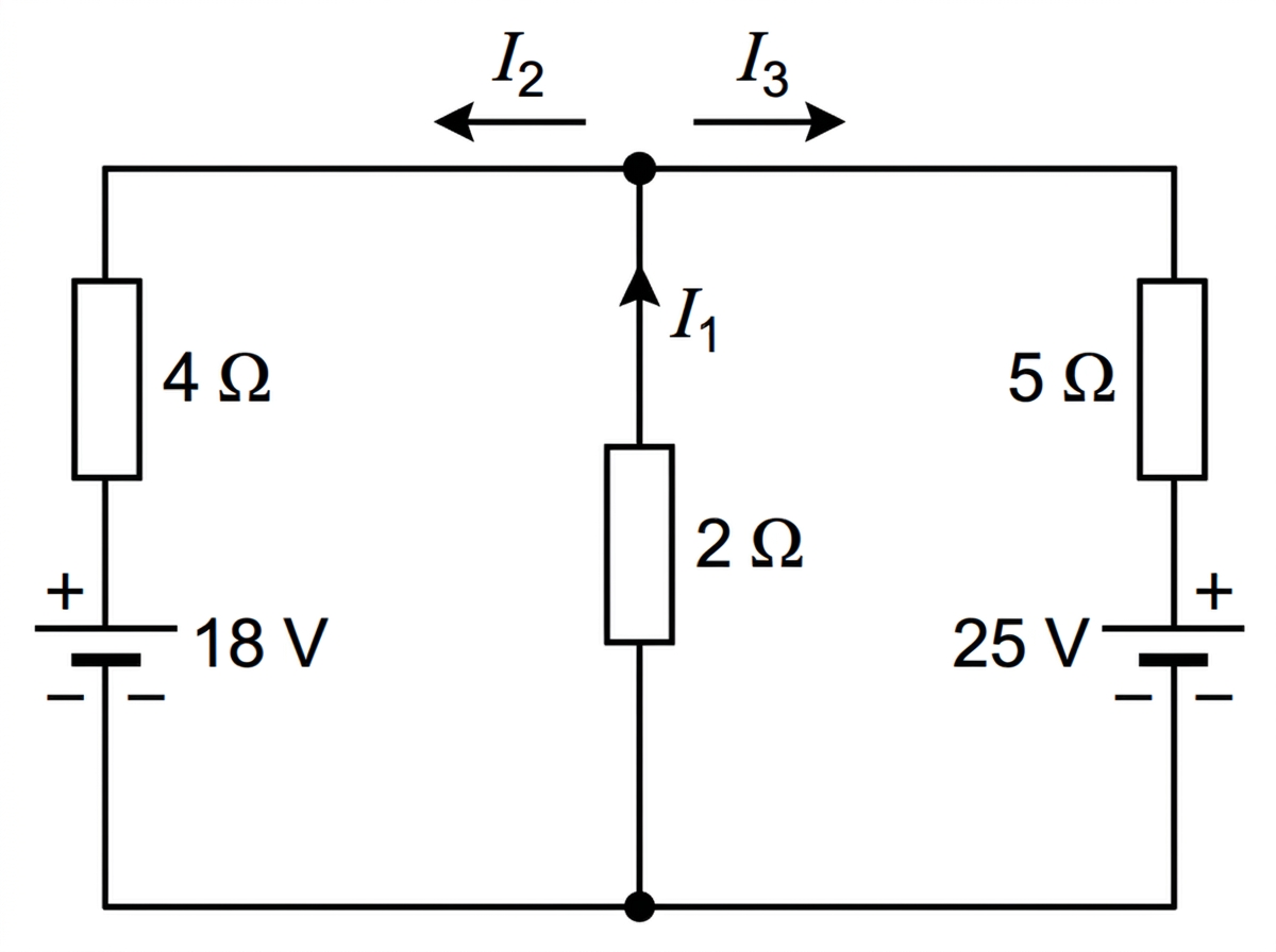 A simple electrical network with three directed currents labelled $I_1$, $I_2$ and $I_3$, showing one junction and resistive branches corresponding to the stated Kirchhoff equations.