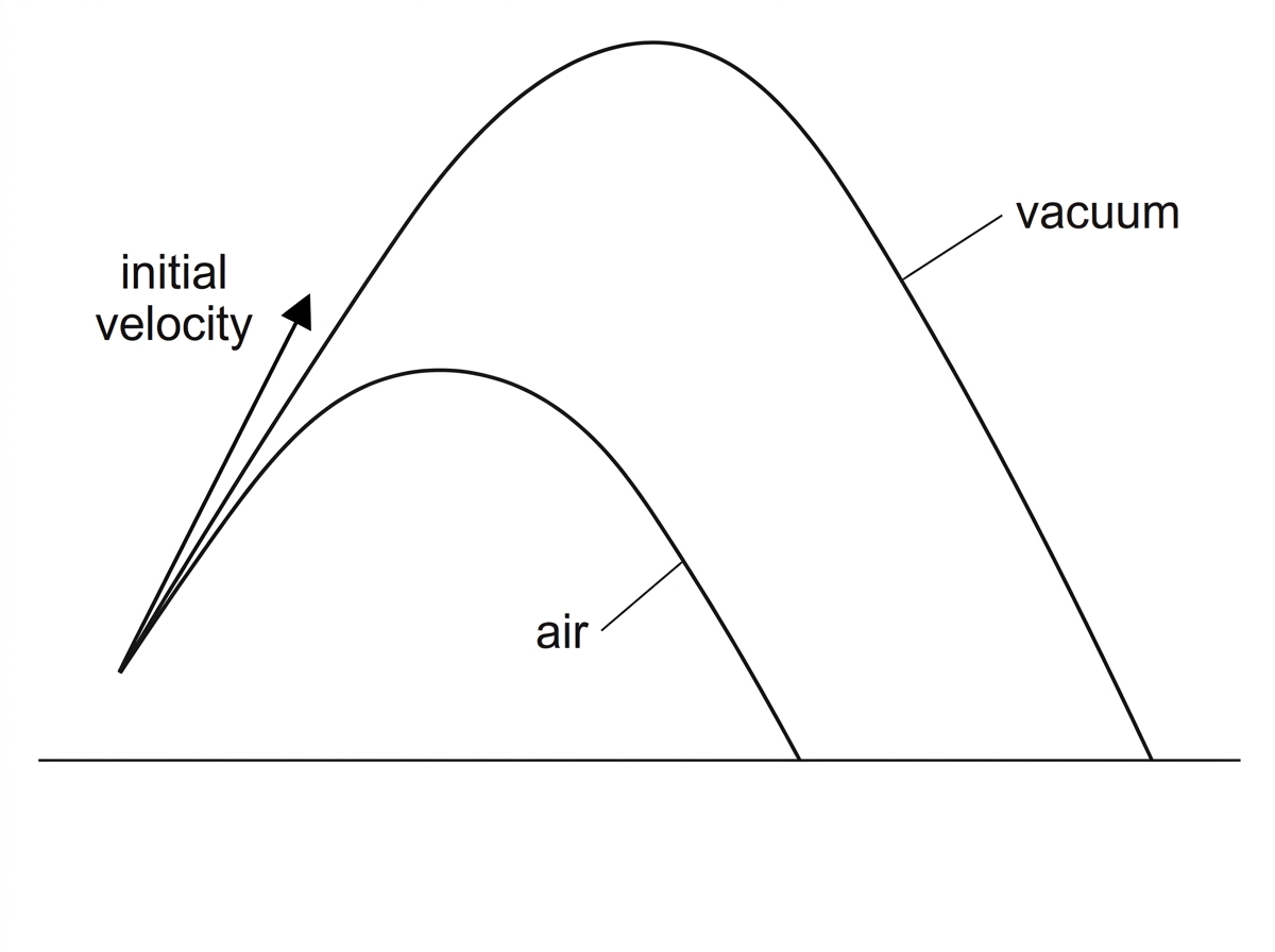 Diagram showing two projectile trajectories from the same launch point with the same initial velocity arrow. One trajectory is a symmetric parabolic path labelled vacuum. The second trajectory is lower, shorter in range and steeper on descent, labelled air. No numerical values are shown.