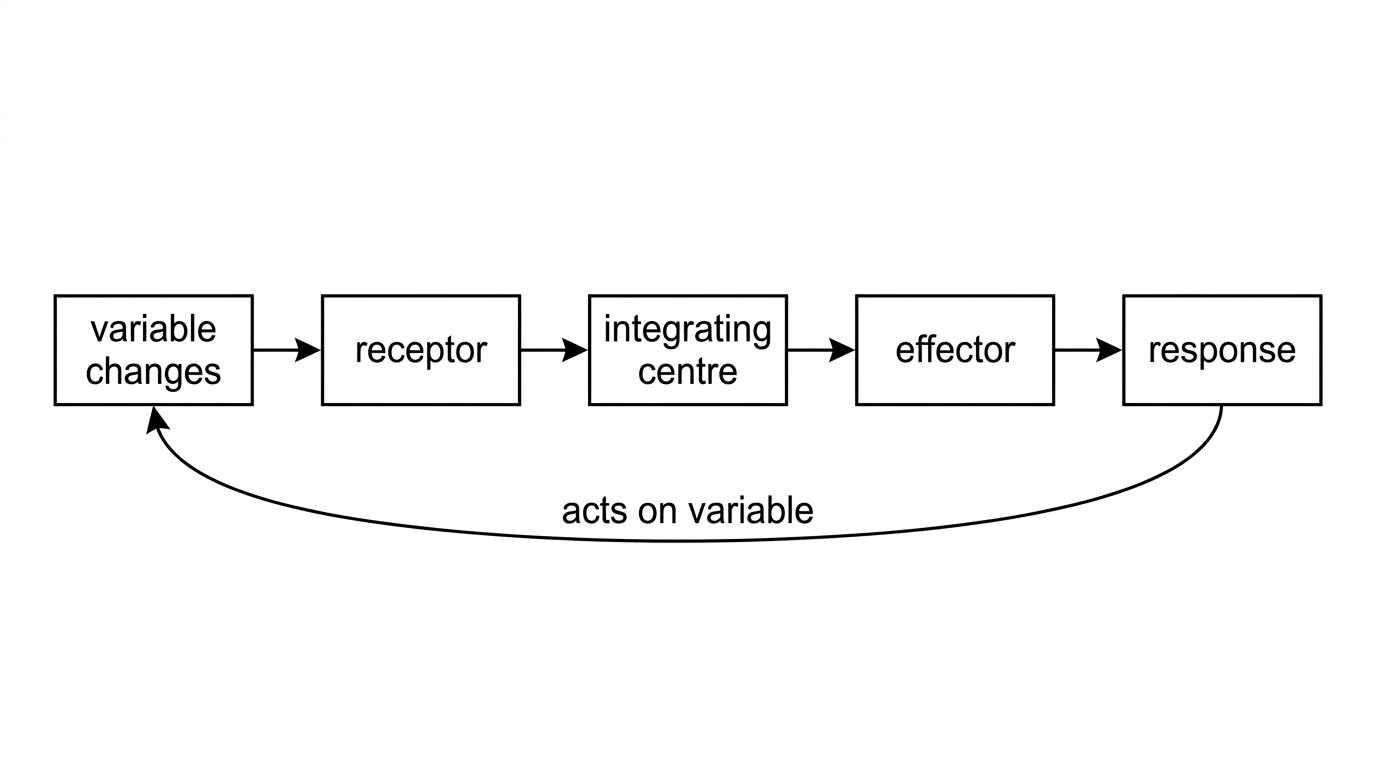 Flowchart of a homeostatic loop with labelled boxes for receptor, integrating centre, effector and response, with arrows showing information flow and response acting back on the variable.