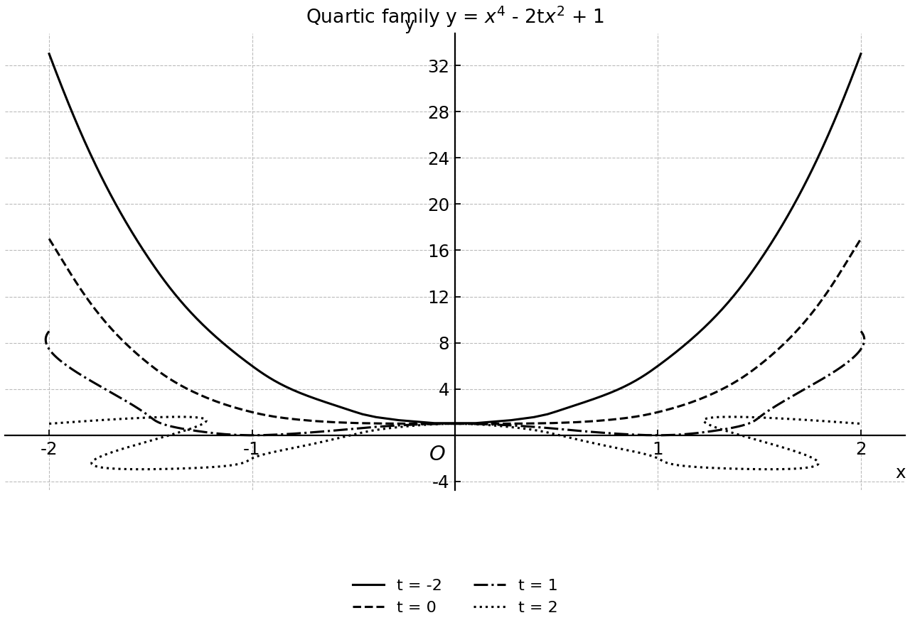 Representative graphs of the quartic family for different values of t.