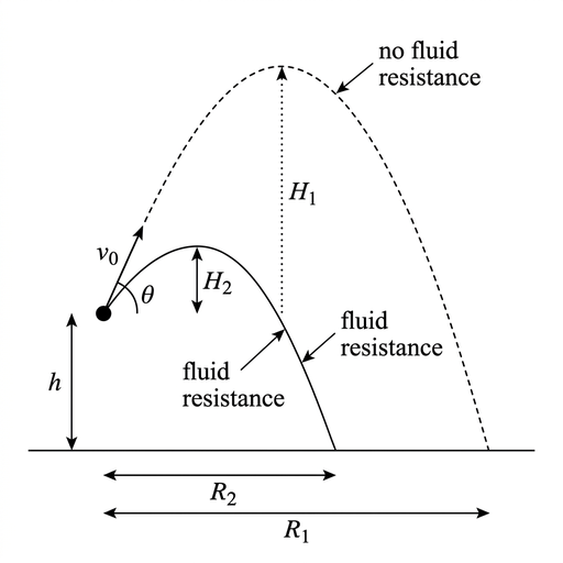 A side-view projectile diagram with horizontal ground. Two trajectories start at the same launch point with the same initial direction. The dashed trajectory labelled no fluid resistance is a higher, longer parabola. The solid trajectory labelled fluid resistance lies below it, reaches a smaller maximum height, lands at a shorter range, and is steeper on the downward part.