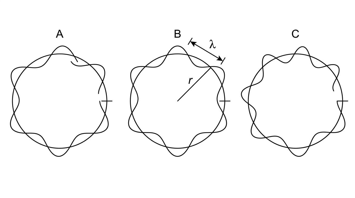 Three circular orbits labelled A, B and C with sinusoidal electron waves drawn around the circumference. One has an integer number of wavelengths fitting exactly; others have a mismatch at the join. Radius and wavelength labels included.