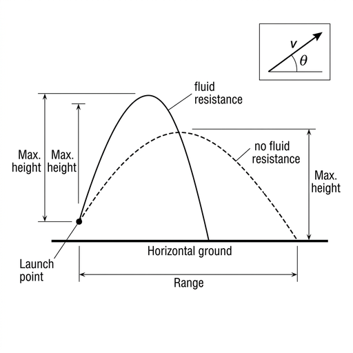 A side-view projectile diagram with horizontal ground. Two trajectories start at the same launch point with the same initial direction. The solid trajectory labelled fluid resistance rises above the dashed no-fluid-resistance parabola to a greater maximum height, but lands at a shorter range.