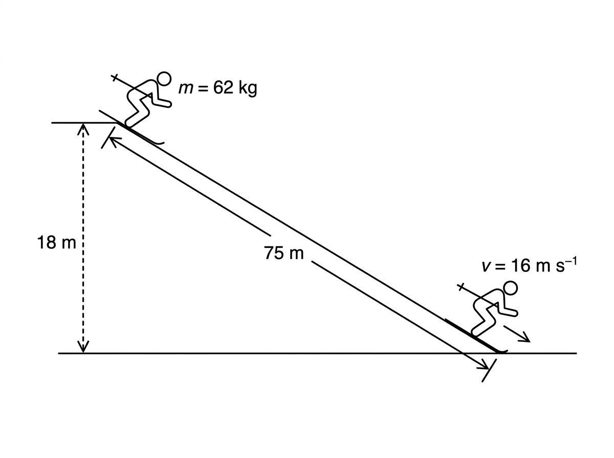Side-view diagram of a skier descending an inclined slope from an upper point to a lower point. The vertical height drop and the distance along the slope are indicated with labels, and an arrow at the bottom indicates the skier's final velocity. No force values are shown.