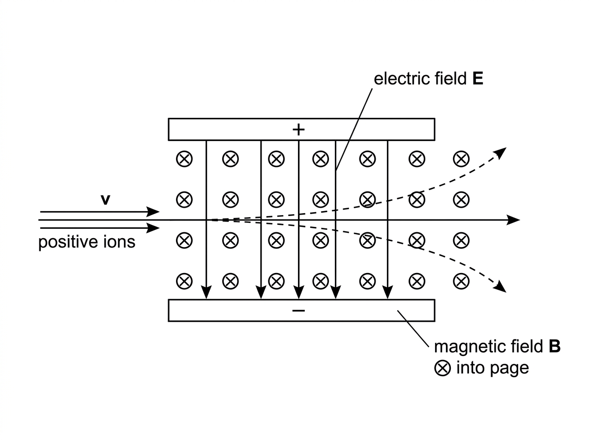 A crossed-field velocity selector diagram showing positive ions entering horizontally, an electric field between plates, a magnetic field perpendicular to the page, and an undeflected central path with possible deflected paths above and below.