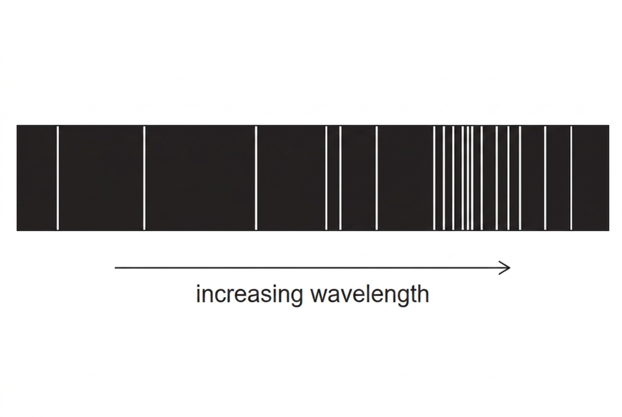 An emission line spectrum with several narrow bright coloured lines at separated positions on a dark background. The spectrum should be labelled with increasing wavelength from left to right but should not include numerical wavelength values.