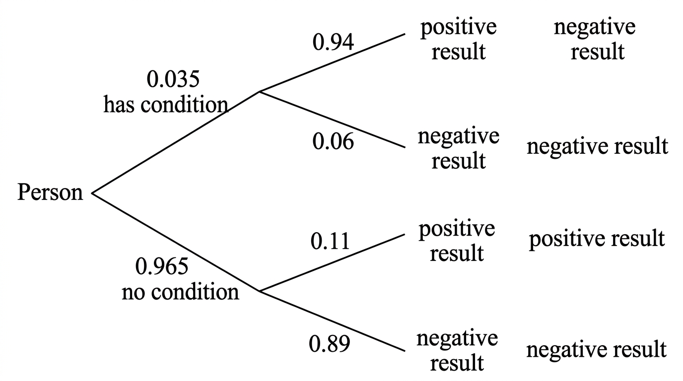 A two-stage probability tree separating people according to whether they have the condition and then according to positive or negative test outcomes. Exactly four terminal labels are shown, each attached to its corresponding second-stage branch: positive result, negative result, positive result, and negative result. No disconnected or duplicate labels appear.