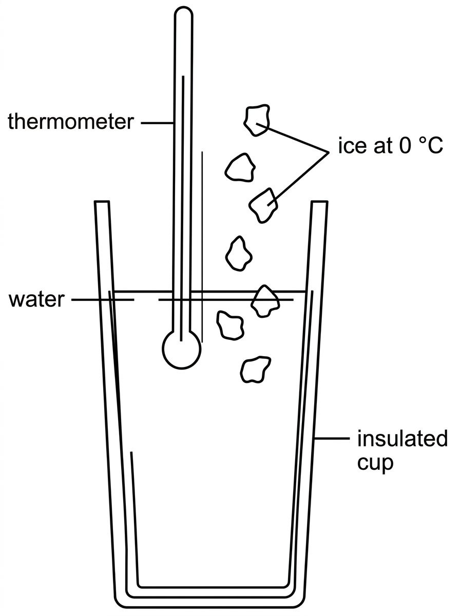 An insulated cup calorimeter containing water with a thermometer inserted. Several small ice pieces are shown being added. Labels should identify the insulated cup, water, thermometer and ice at 0 °C; the diagram must not show the calculation result.