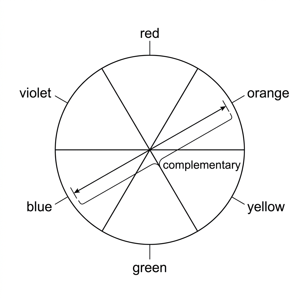 A simple colour wheel showing the visible colours arranged around a circle with opposite colours clearly placed across from one another. The wheel should indicate that orange and blue are complementary colours.