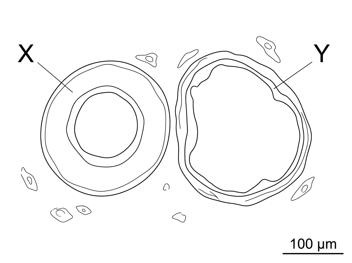 Annotated micrograph-style image with two blood vessels labelled X and Y; X has a thick wall relative to lumen and rounded outline, Y has a thinner wall with wider irregular lumen; include a scale bar but no tissue names.
