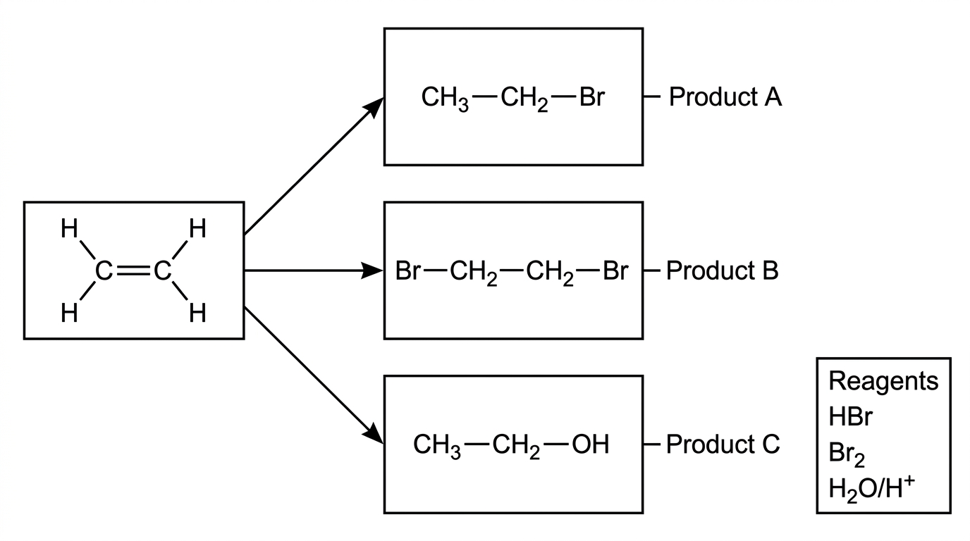 A flow chart with ethene as the starting compound and three unlabelled product structures corresponding to bromoethane, 1,2-dibromoethane and ethanol; reagent labels HBr, Br₂ and H₂O/H⁺ are to be matched.