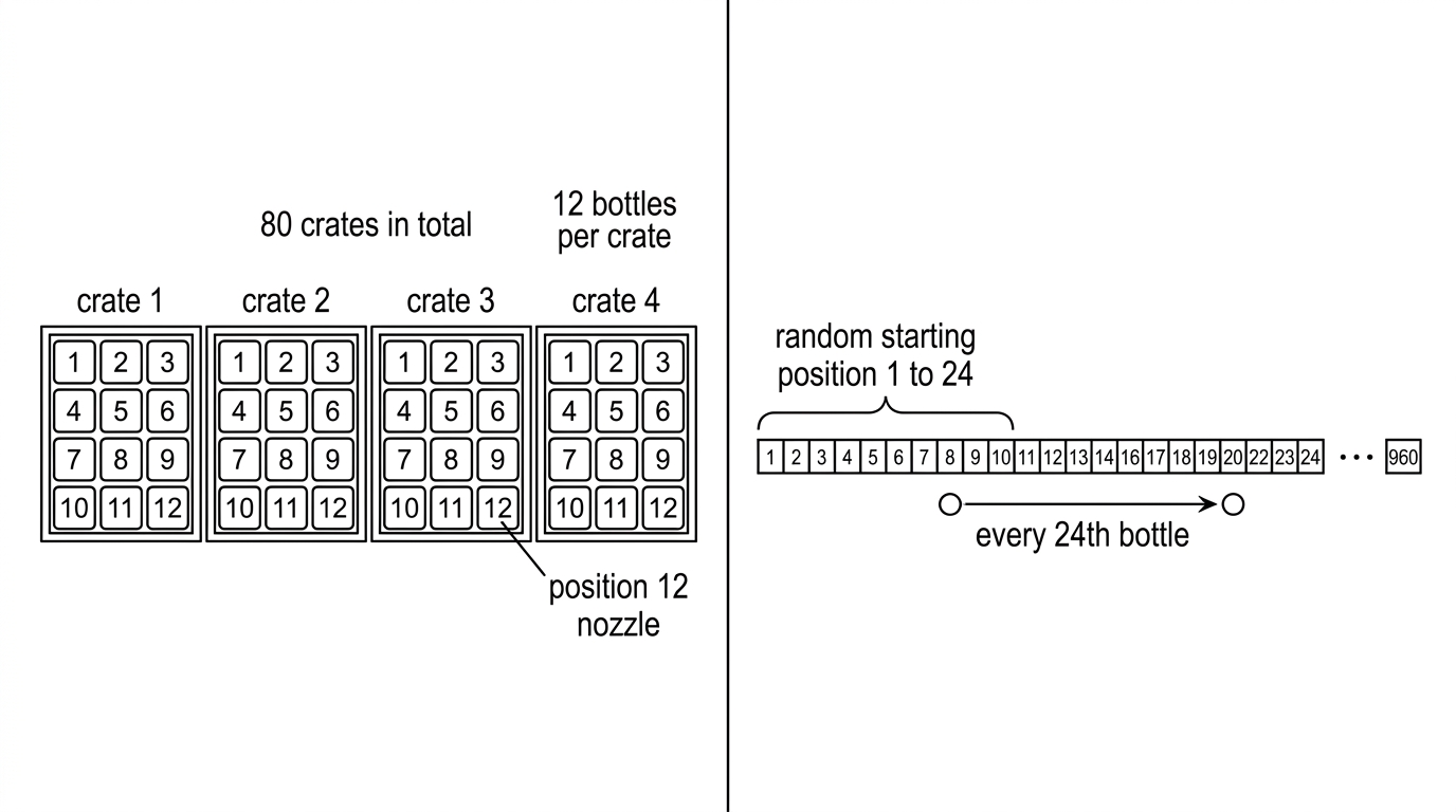 A diagram of consecutive crates, each with 12 numbered bottle positions, and an ordered list showing a systematic sample taken at a fixed interval.