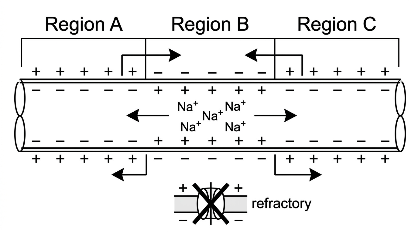 An annotated longitudinal diagram of an unmyelinated axon divided into adjacent regions A, B and C. Region B is shown as depolarized with sodium ions inside the axon. Regions A and C are shown at resting potential. Arrows show local currents inside and outside the axon but do not label which neighbouring region reaches threshold. A small inset indicates the refractory state behind the action potential.