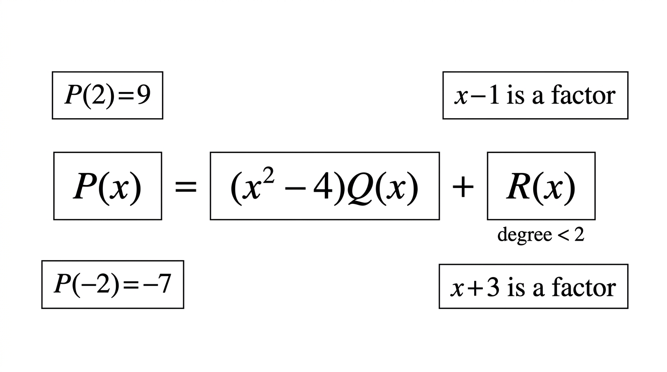 A polynomial division identity diagram with boxes for dividend $P(x)$, divisor $x^2-4$, quotient $Q(x)$ and linear remainder $R(x)$.