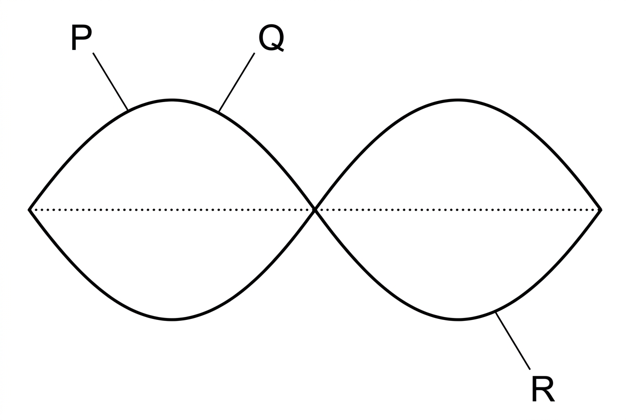 A horizontal string fixed at both ends showing a standing wave with two adjacent loops separated by a central node. Draw a smooth sinusoidal standing-wave shape with nodes at the two fixed ends and at the centre. Label point P and point Q at different positions within the left loop, neither at a node. Label point R within the right loop, also not at a node. The left and right loops are of comparable size and are on opposite sides of the central node in the instantaneous shape. Include a faint equilibrium line through the nodes.