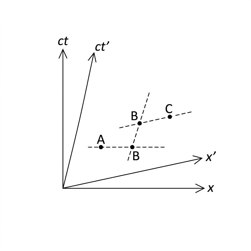 Spacetime diagram with x, ct and tilted x′, ct′ axes; three labelled events positioned so that one pair lies on a horizontal line and a different pair lies on a line parallel to the x′ axis.