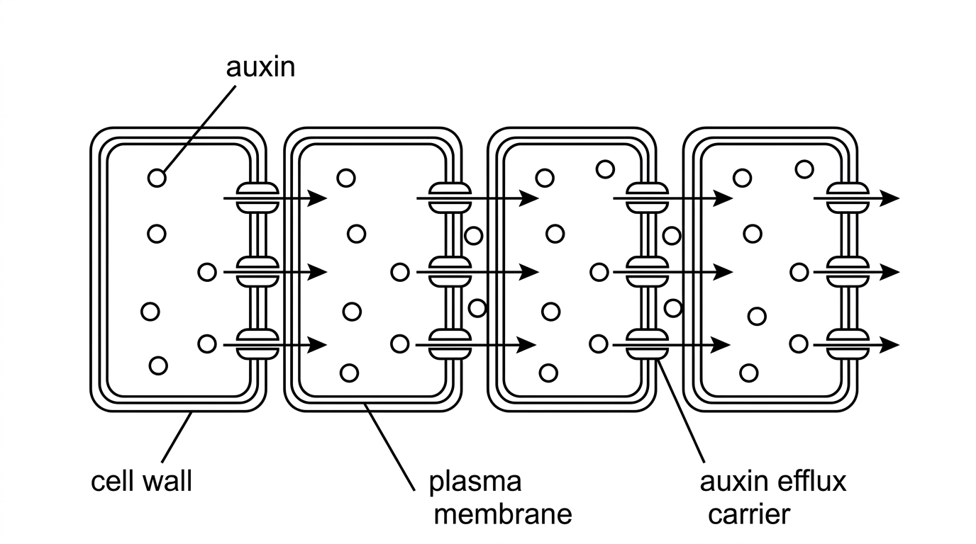Row of adjacent plant cells with plasma membranes, auxin molecules and efflux carriers positioned on the same side of each cell, showing directionality by arrows but not explaining gradient formation.