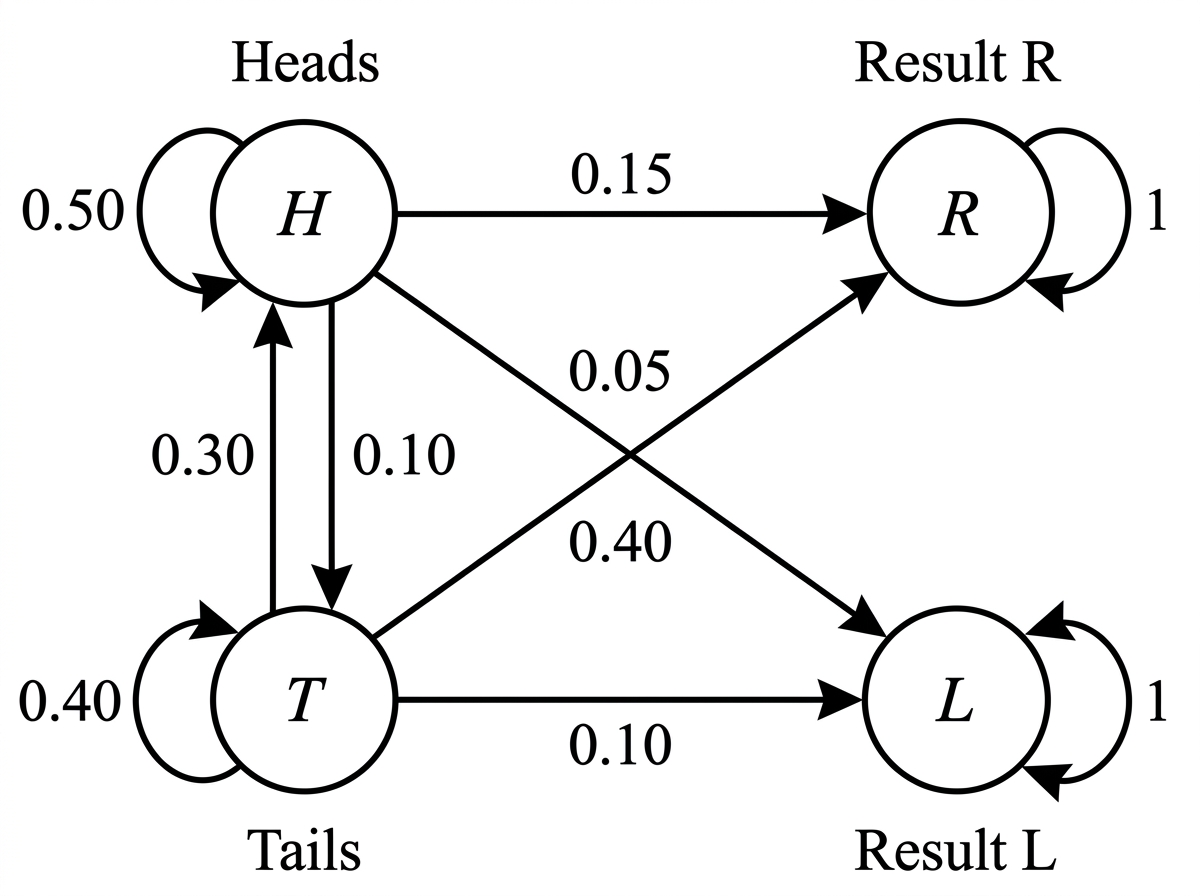 A directed transition diagram for the bee-colony states healthy ($H$), under treatment ($T$), recovered ($R$), and lost ($L$), retaining state symbols $H$, $T$, $R$, and $L$, all loops and directed transitions specified in the question, and their transition probabilities. Do not use coin-toss labels such as Heads, Tails, Result R, or Result L.