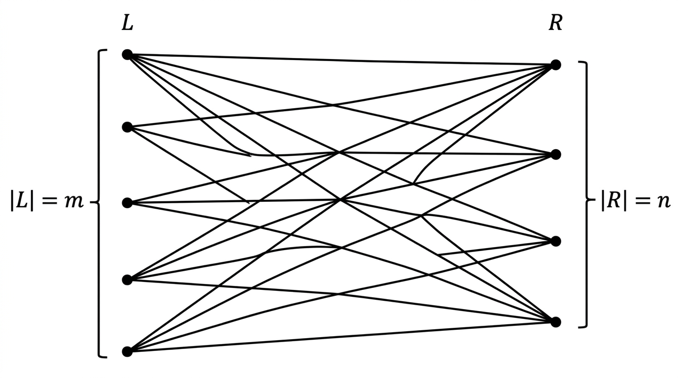 A generic complete bipartite graph with two separated vertex sets labelled L and R, showing every possible cross-set edge and no within-set edges.