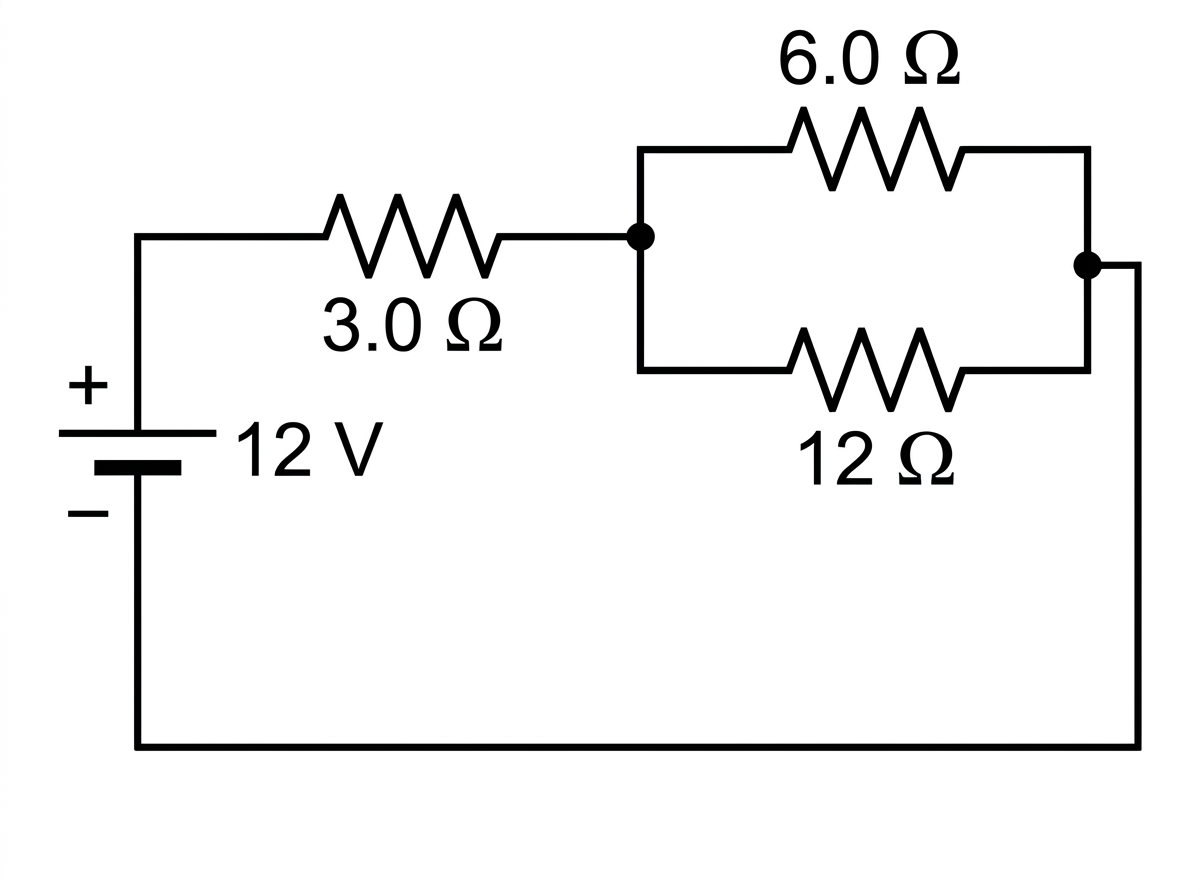 Circuit diagram showing a 12 V ideal dc supply, a 3.0 Ω resistor in series with a junction splitting into 6.0 Ω and 12 Ω parallel branches, then recombining.