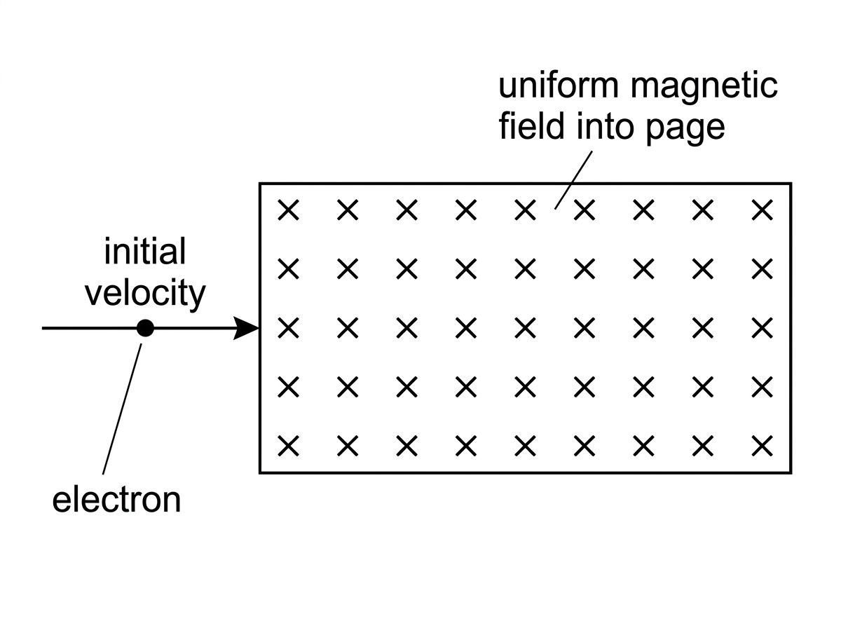 A charged-particle path setup showing an electron entering a rectangular region of uniform magnetic field represented by crosses, with the initial velocity arrow to the right.