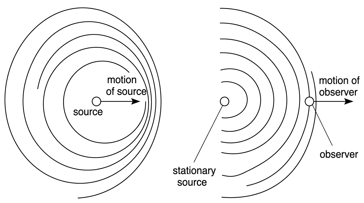 Two side-by-side sketches: a moving source with compressed/spread wavefronts and a stationary source with evenly spaced wavefronts crossed by a moving observer.