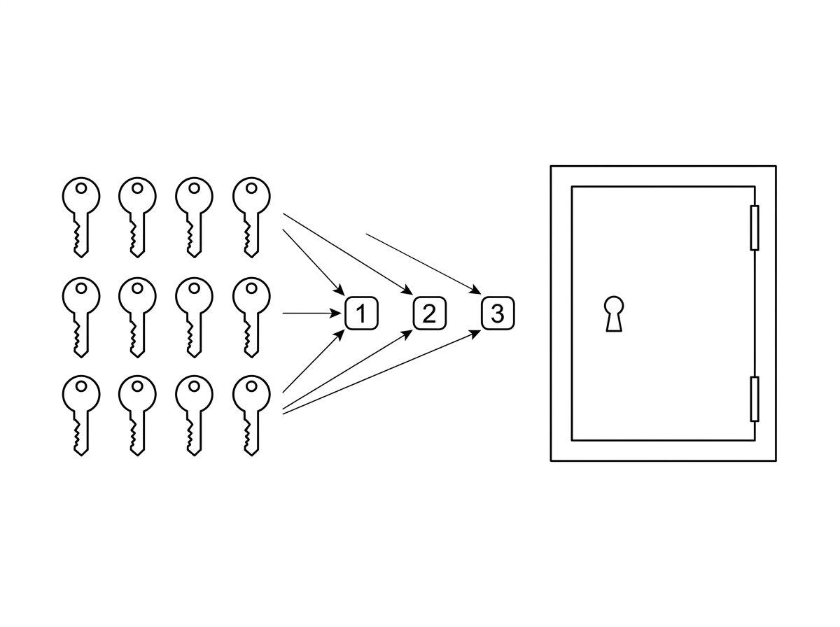 An illustration showing a collection of twelve indistinguishable keys and a secure cabinet, with three successive selection positions indicated.