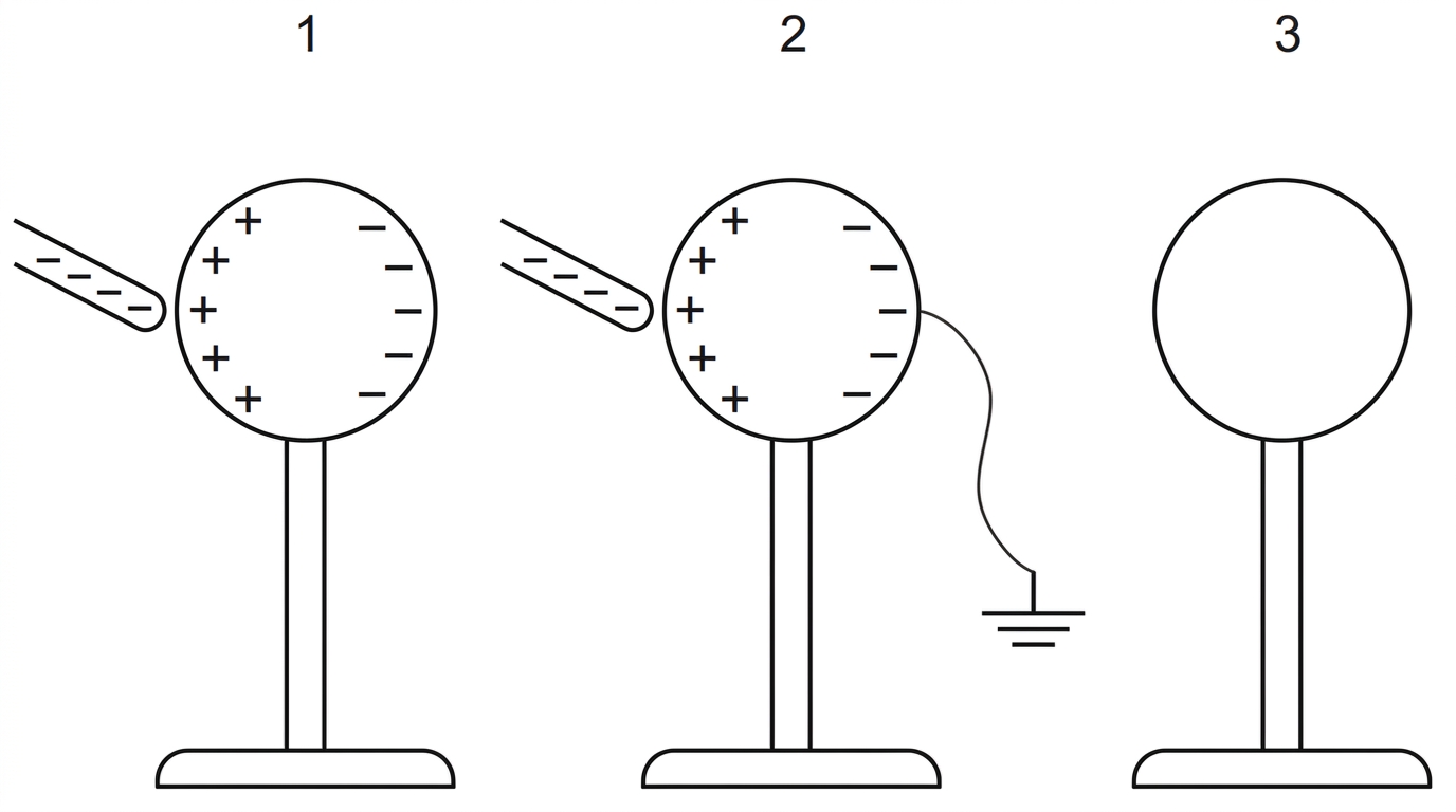 Three-stage electrostatic induction diagram. Stage 1 shows a negatively charged rod near the left side of a neutral metal sphere on an insulating stand. Stage 2 shows the sphere grounded by a wire while the rod remains nearby. Stage 3 shows the sphere after both wire and rod have been removed. No final charge sign is indicated.