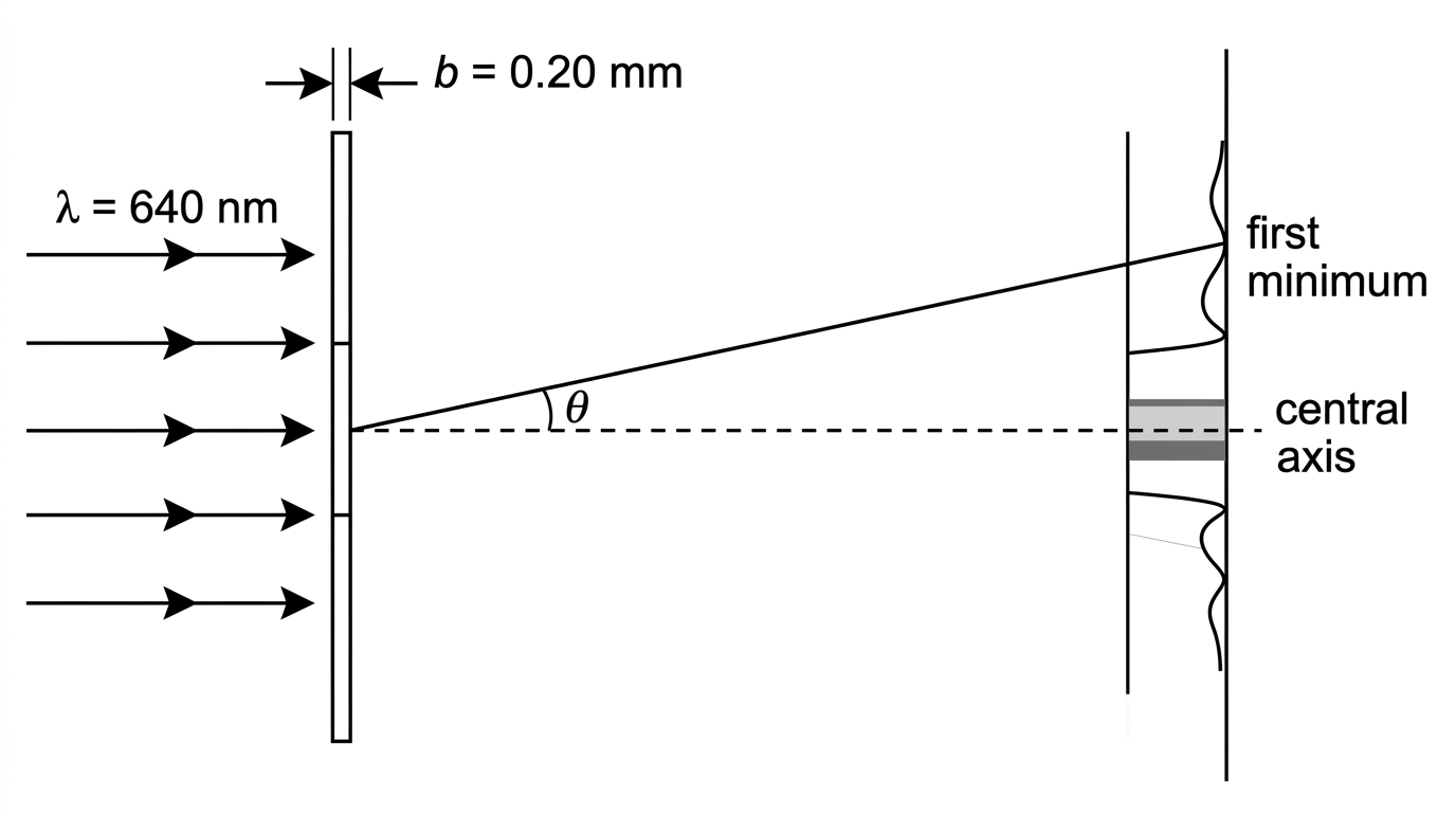A single-slit diffraction arrangement showing normally incident monochromatic light, one rectangular slit, and a distant screen. Label the central axis and the angular position of the first minimum as theta. Do not show any calculated angle.