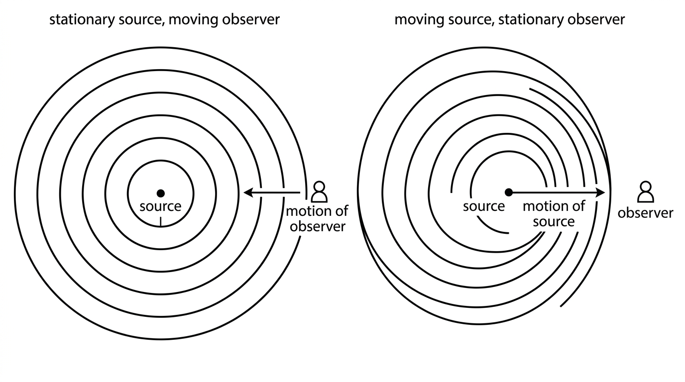 Two panels: one showing a stationary source with evenly spaced circular wavefronts and a moving observer, the other showing a moving source with compressed wavefronts ahead and spread wavefronts behind.