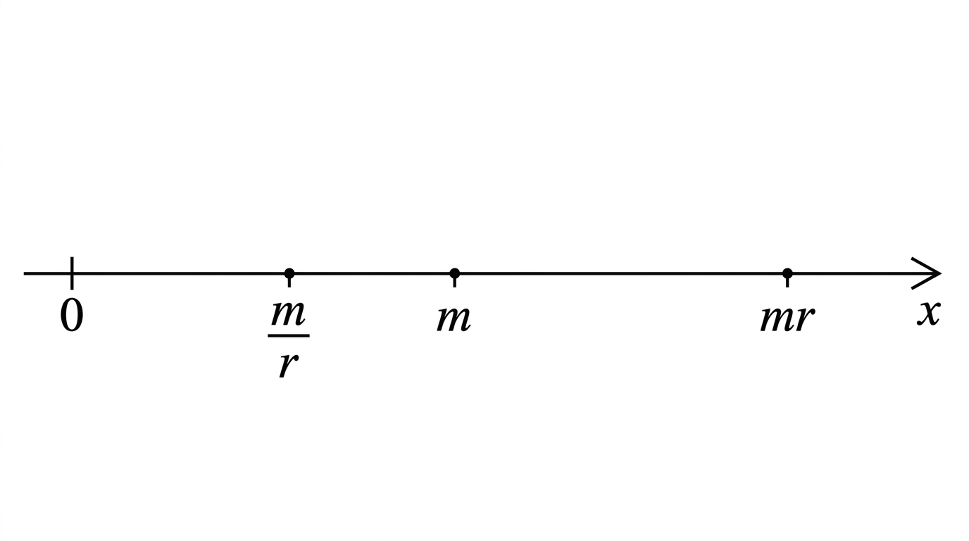A number-line diagram showing three positive roots ordered as $m/r$, $m$, and $mr$, with spacing not necessarily equal.