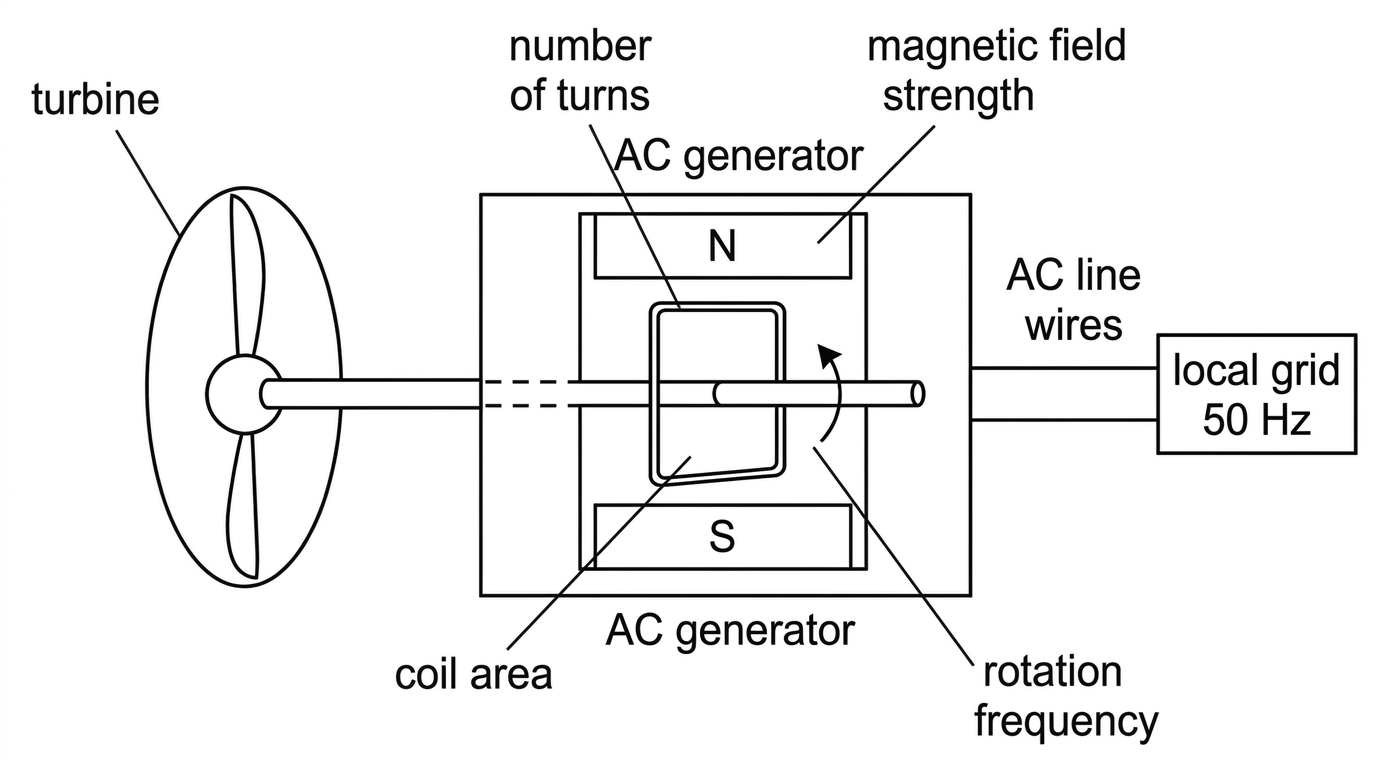 A block diagram showing a turbine driving an AC generator connected to a local grid labelled $50\ \text{Hz}$. The generator is represented by a rotating coil in a magnetic field. Labels identify possible design variables: number of turns, magnetic field strength, coil area, and rotation frequency.