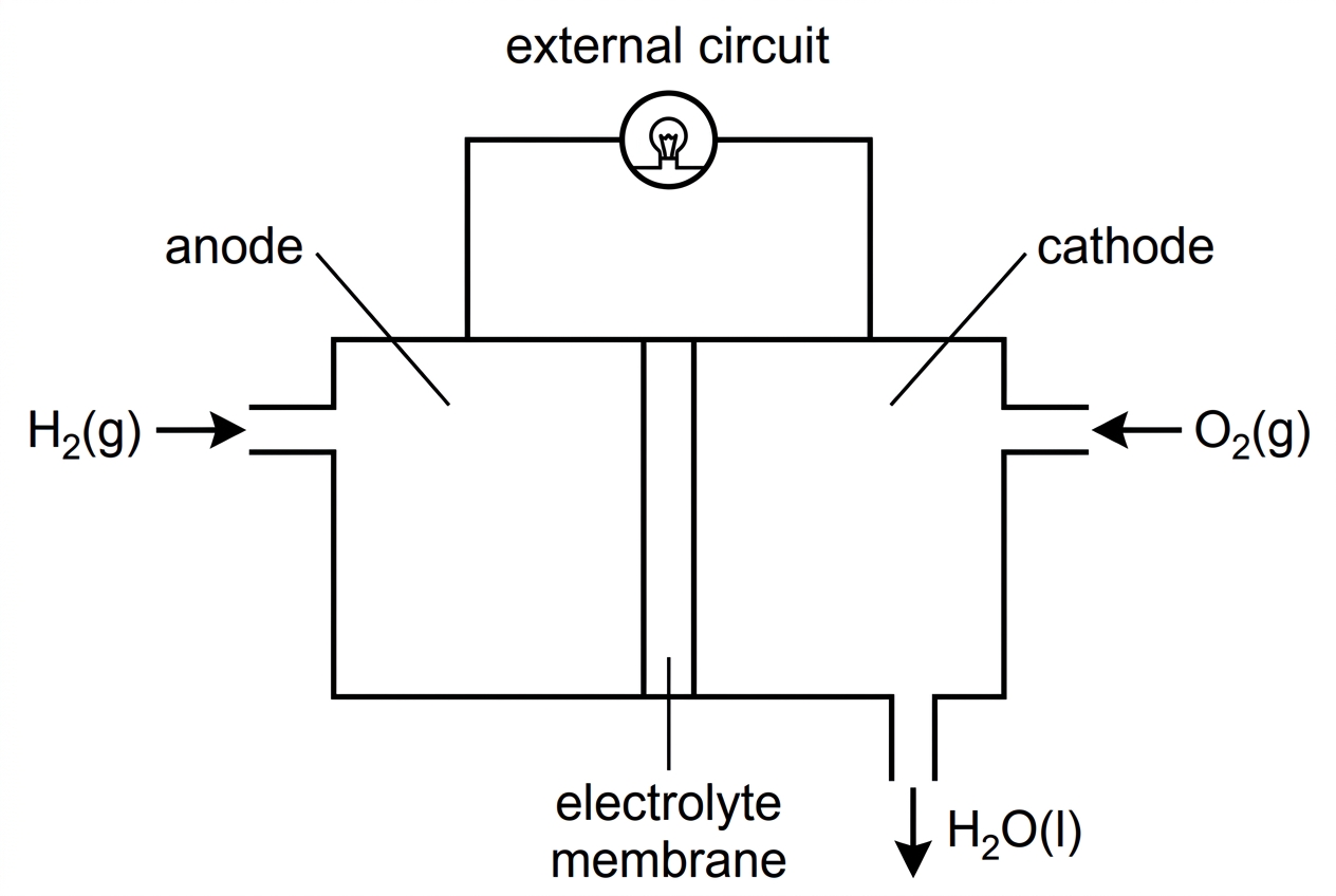 A simple schematic of a hydrogen fuel cell showing anode and cathode compartments, an external circuit, hydrogen gas entering the anode, oxygen gas entering the cathode, and water leaving the cell. The diagram should not include half-equations.