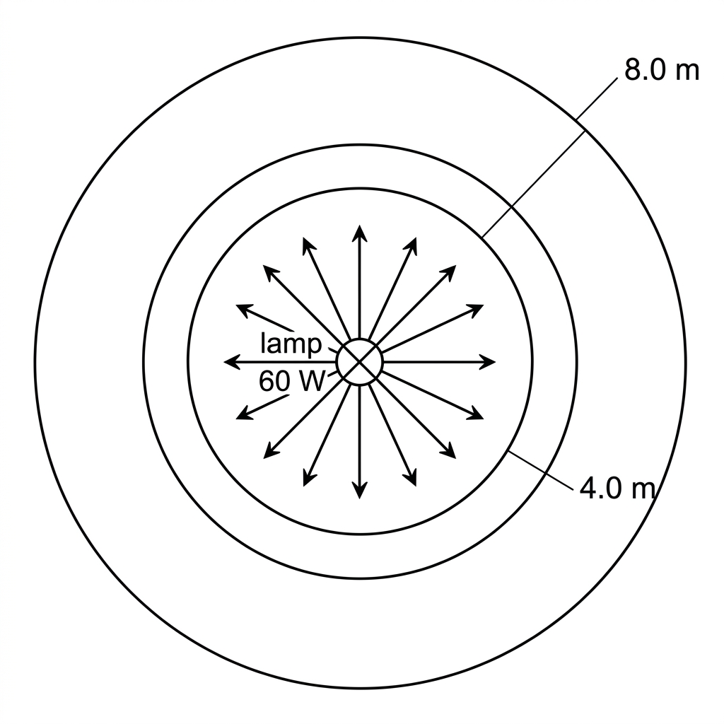 A point-source lamp at the centre of two concentric spherical surfaces. The inner and outer radii are labelled generally as distance from the lamp, showing that the same emitted power is spread over a larger area at greater distance.
