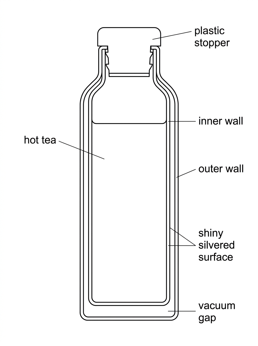 A labelled cross-section of a vacuum flask showing hot liquid, an inner wall, an outer wall, a vacuum gap, a shiny silvered surface and a plastic stopper. The diagram should not include labels naming the mechanisms of thermal energy transfer.