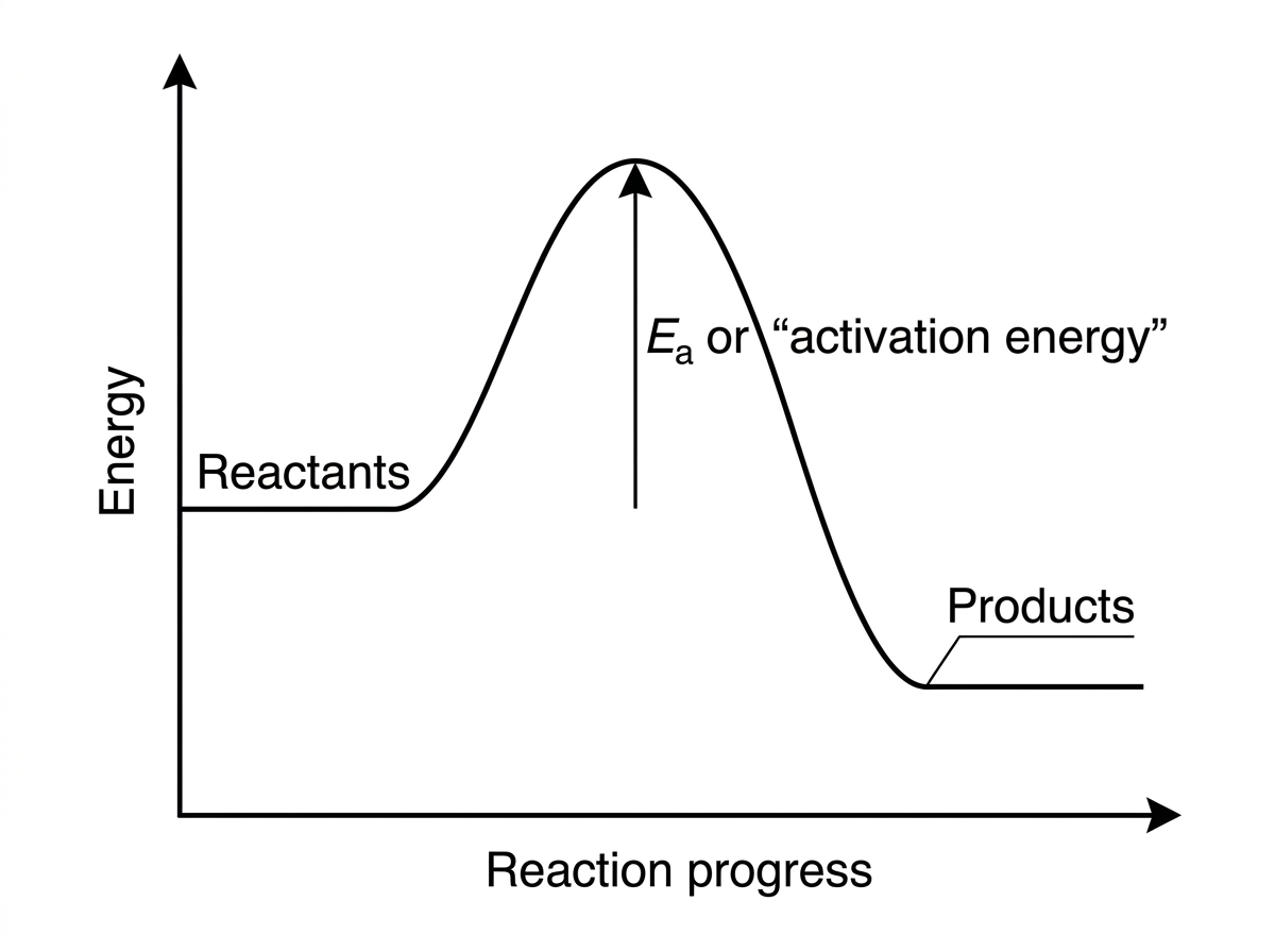 An energy profile diagram for an exothermic combustion reaction showing reactants, products at lower energy, and an activation energy barrier. The diagram should not label why this barrier is useful for fuel storage.