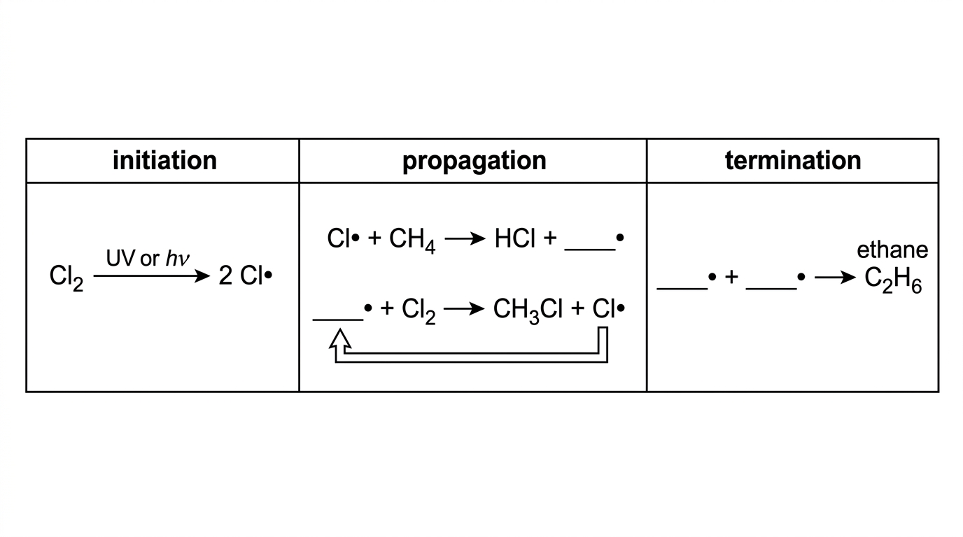 An annotated flowchart for radical substitution of methane by chlorine. It should show three sections labelled initiation, propagation and termination, with boxes for reactants and products and blank positions for missing radical or molecular species. Arrows should indicate that a chlorine radical is regenerated during propagation.