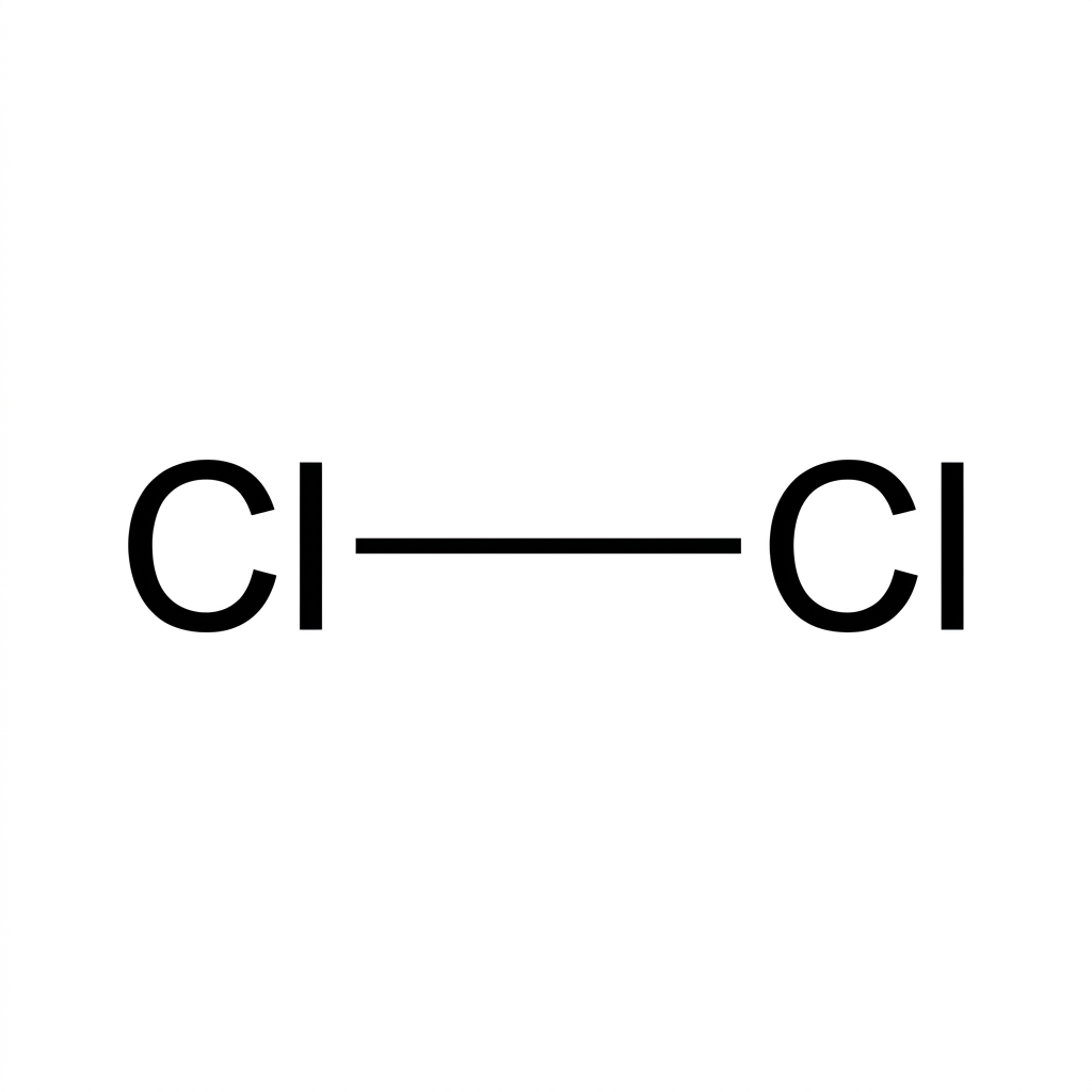 A simple displayed Cl–Cl molecule with the covalent bond shown clearly and space for students to describe or add two single-barbed arrows; no arrows are included in the stimulus.