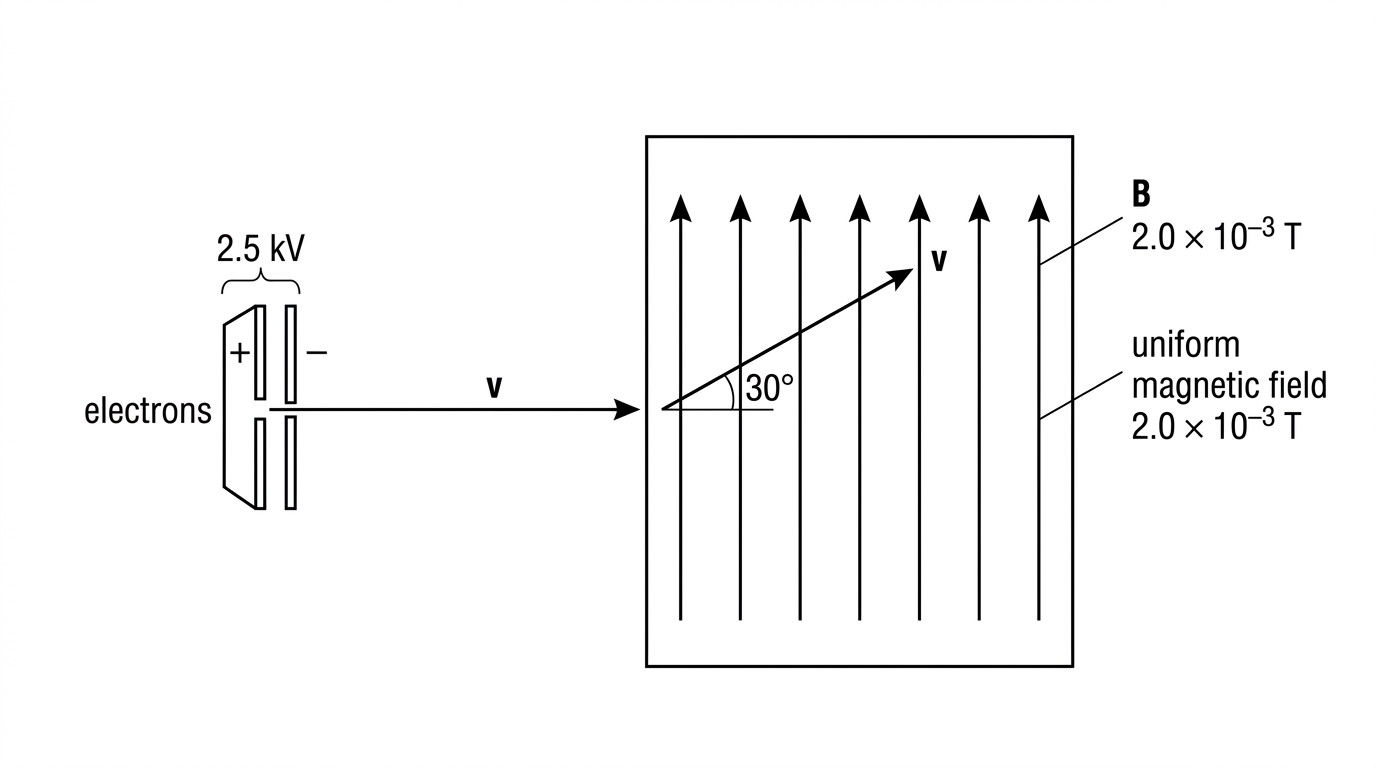 Diagram showing electrons accelerated between plates and then entering a long uniform magnetic-field region. The velocity vector is shown at an angle of $30^\circ$ to the magnetic-field direction (the angle label is between the velocity vector and the field lines). The resulting helical path is not shown.